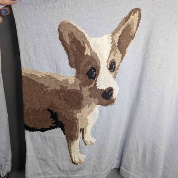 J Jill Women Sweater Light Blue Med Corgi Dog V Neck Long Sleeve Medium Puppy - Picture 5 of 7